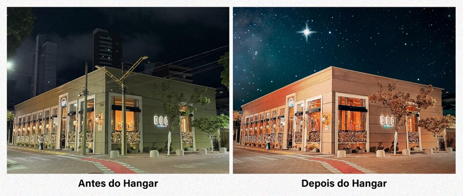 Fachada antes e depois do trabalho da Hangar